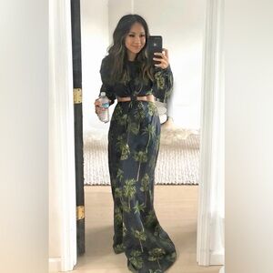 AGUA BY AGUA BENDITA PALM PRINT NAVY CUT OUT LONG SLEEVE LINEN MAXI DRESS SMALL